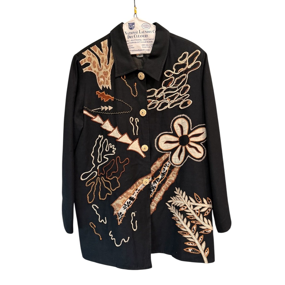 Vintage Designer Indigo‎ Moon  Black Long Length Embroidered Jacket Size Med